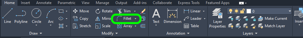 AutoCAD Fillet Command in Modify Tab Group