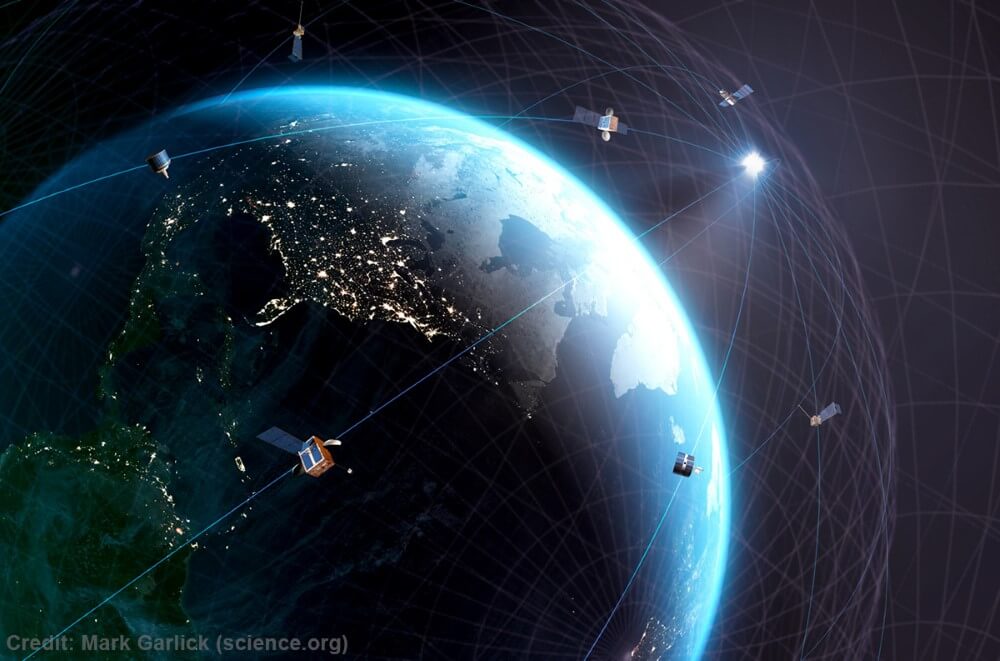 Rendered image of earth and GNSS Satellites in orbit